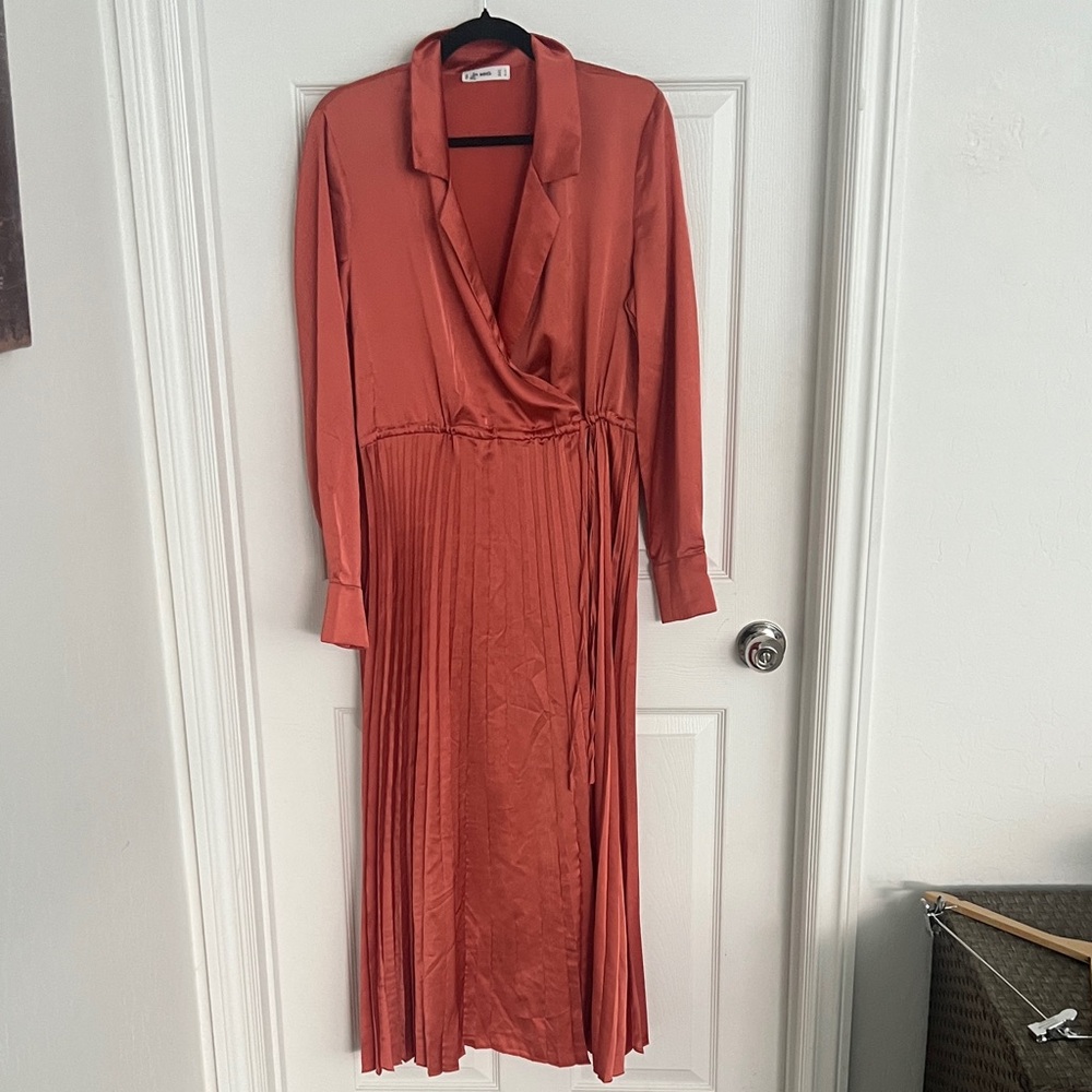 Long-Sleeve Satin Wrap Midi Dress in Rust